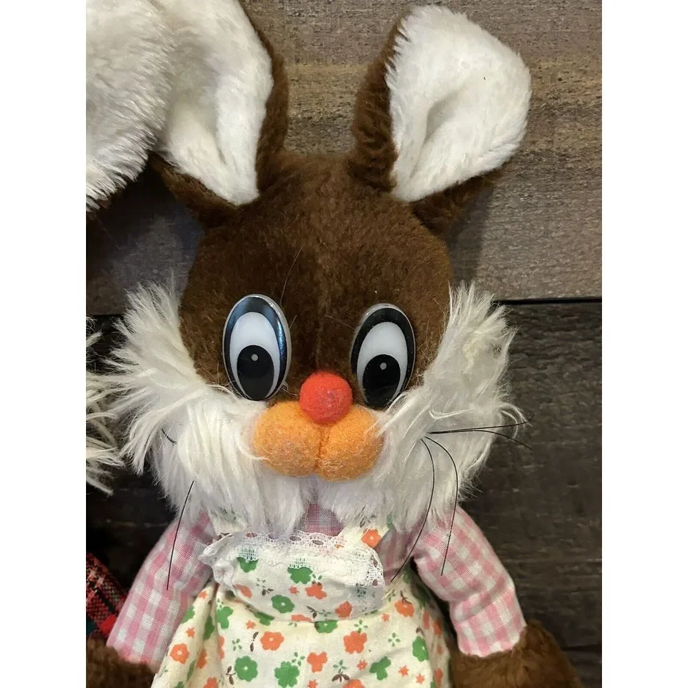 80's Set Of 2 Bunny's Brown Rabbits Dressed Cute Shaggy‎ Collectible Toy